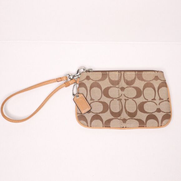 Coach Monogram Jacquard Wristlet Tan with Leather Strap Zip Closure 6.5in x 4in - Picture 1 of 7